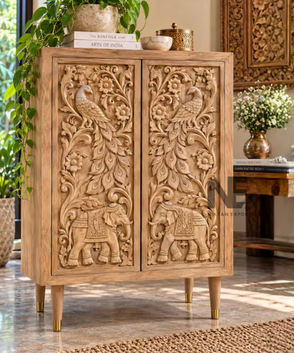 Hand-Carved Elephant & Peacock Mango Wood Cabinet Indian Furniture