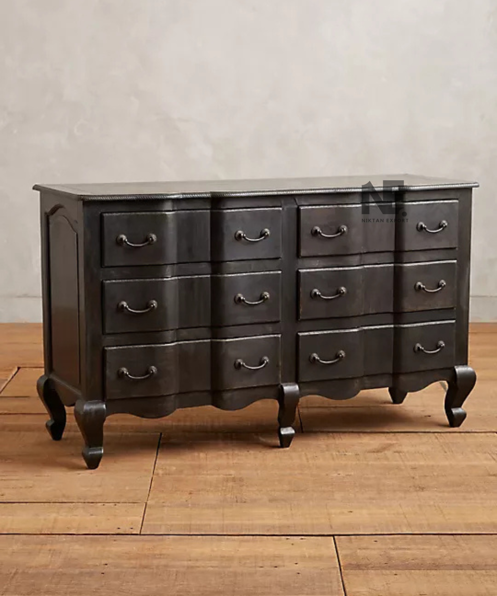 Front view of classic black six-drawer dresser
