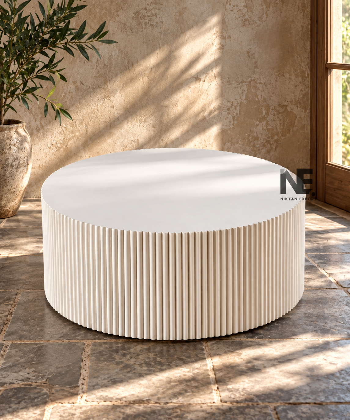 Fluted White Coffee Table Round Modern Solid Mango Wood