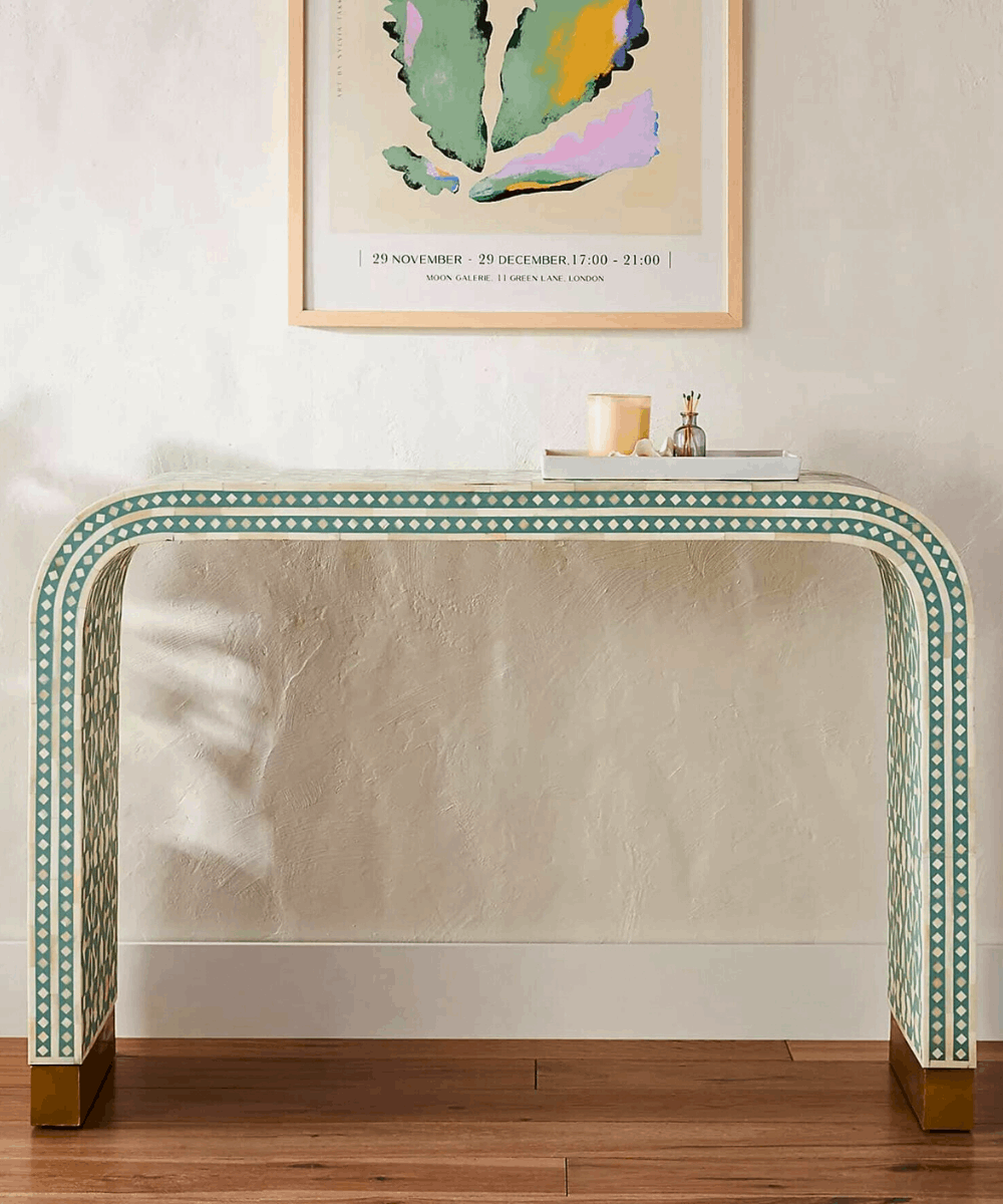Moroccan Bone Inlay Console Table – Sea Green Finish, Full Front View