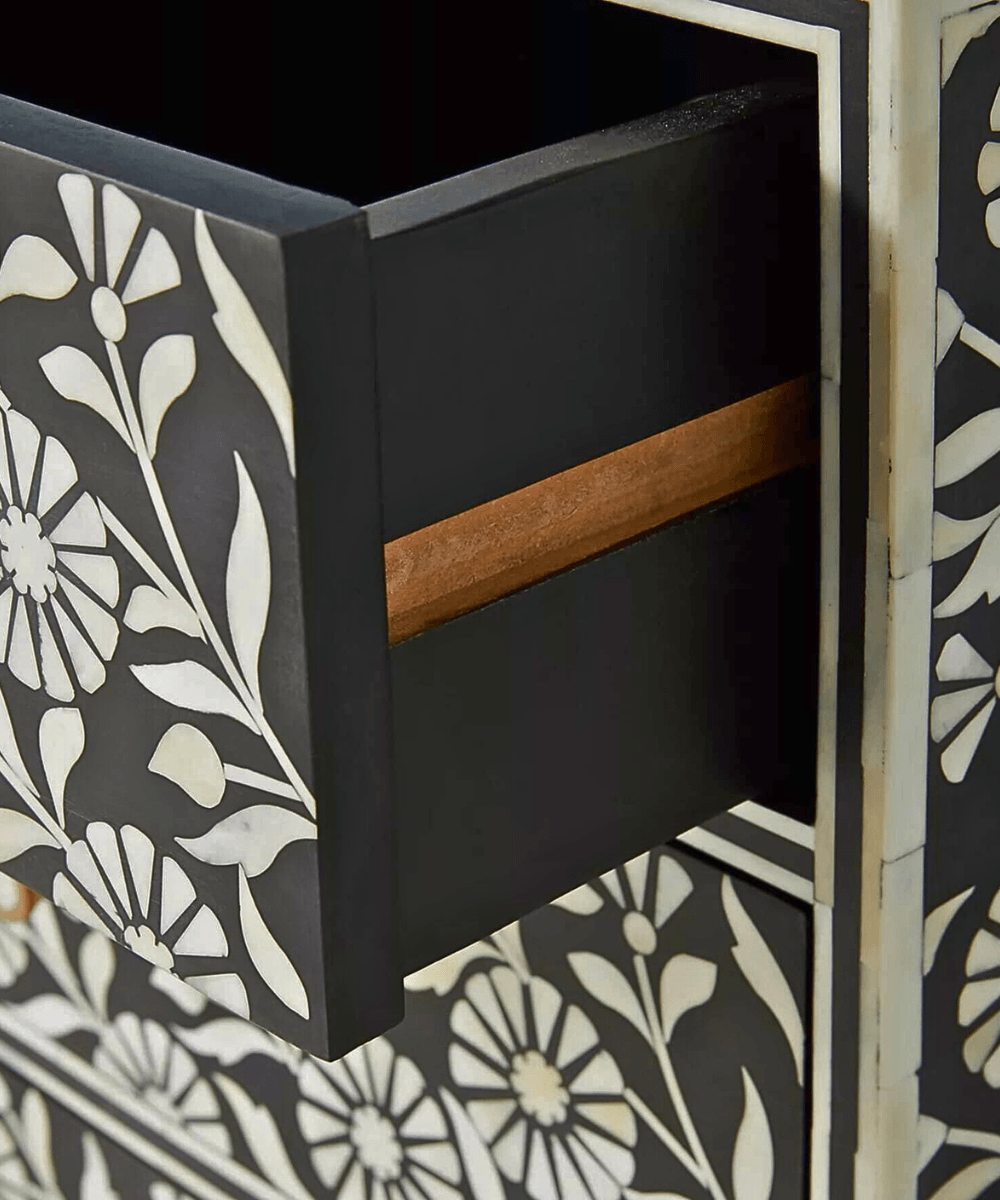 Niktan Export Bone Inlay Chest of Drawers Sunflower Design Black Finish - NikTan Export