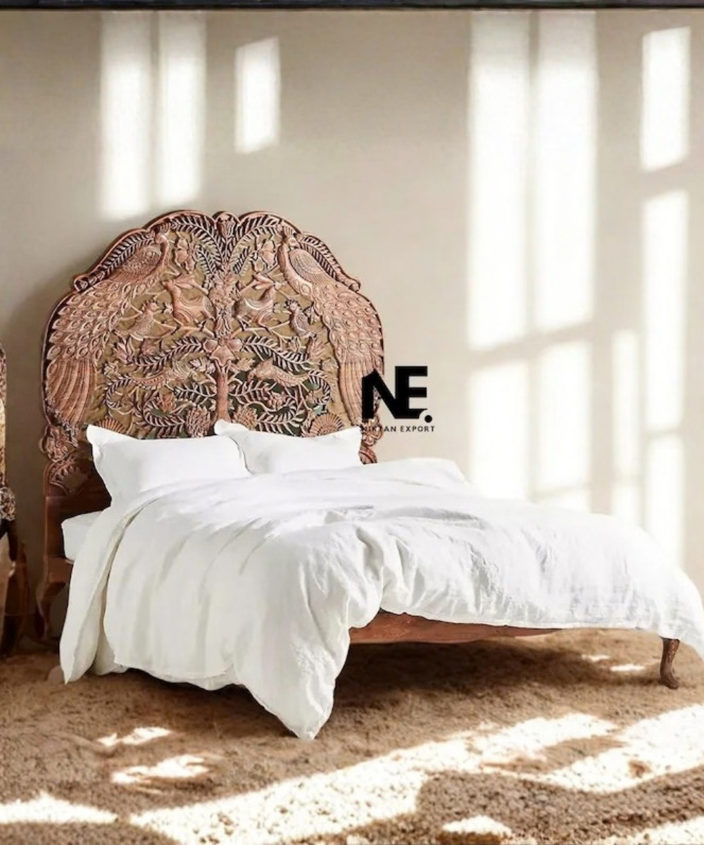 Hand-carved wooden bed frame with peacock design