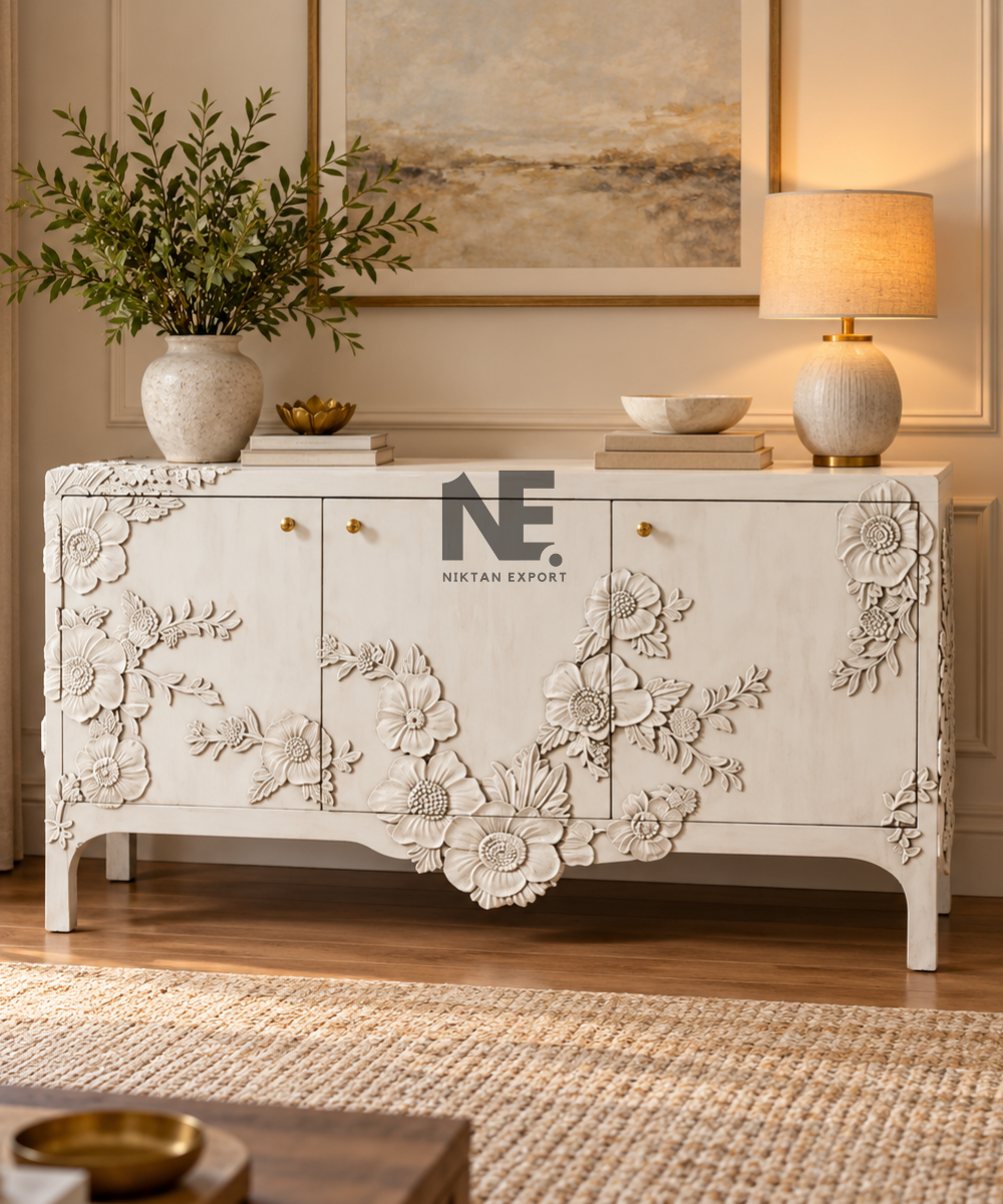 Cream floral carved wooden sideboard with three doors