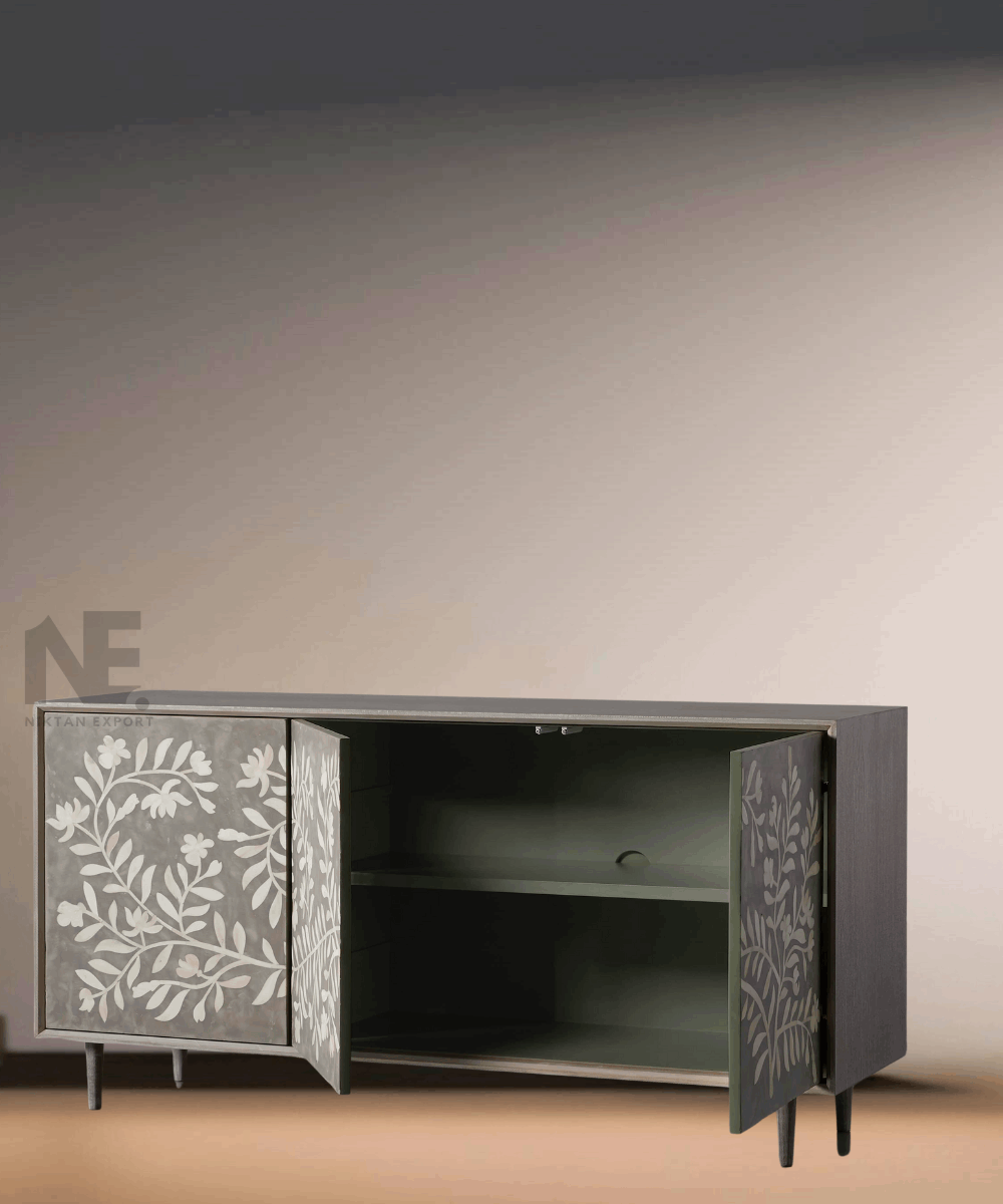 Console with cabinet doors open, showing interior storage