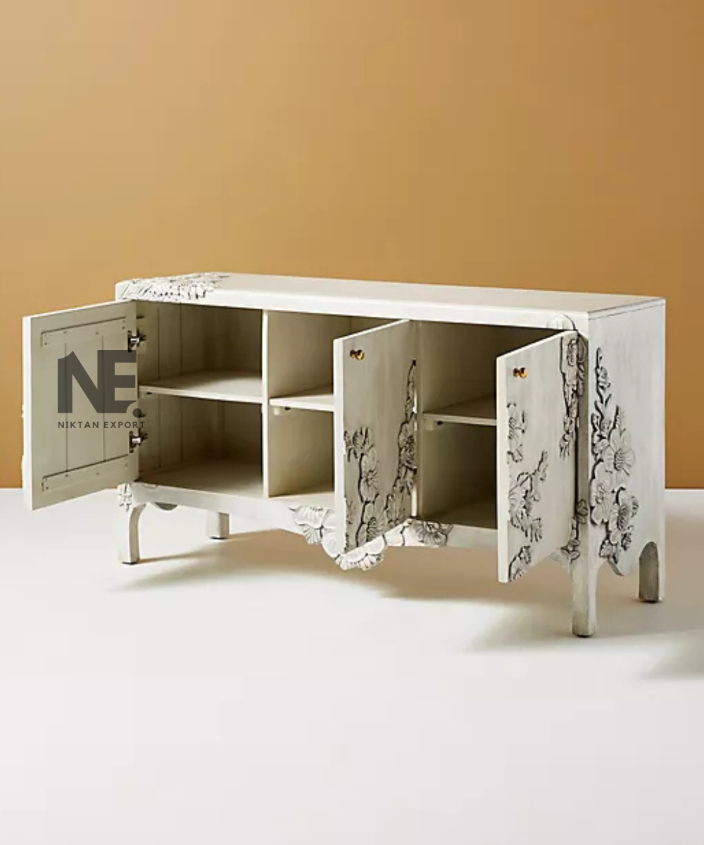 Cream wooden sideboard with raised botanical carvings