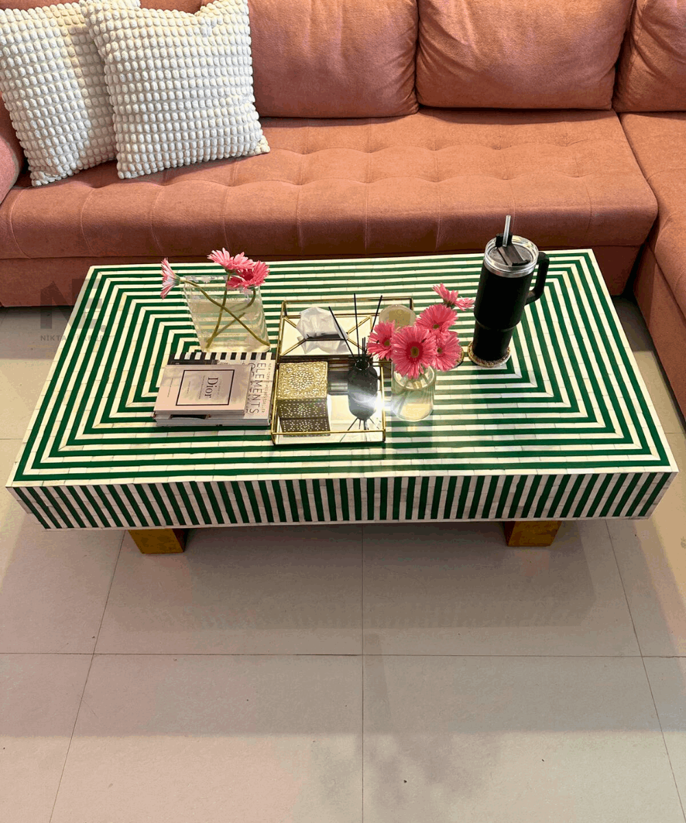 Handmade Green Bone Inlay Coffee Table – Striped Design with Brass Legs