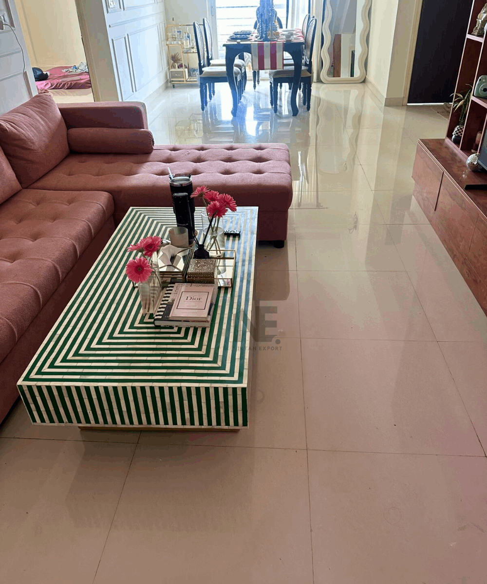 Handmade Green Bone Inlay Coffee Table – Striped Design with Brass Legs
