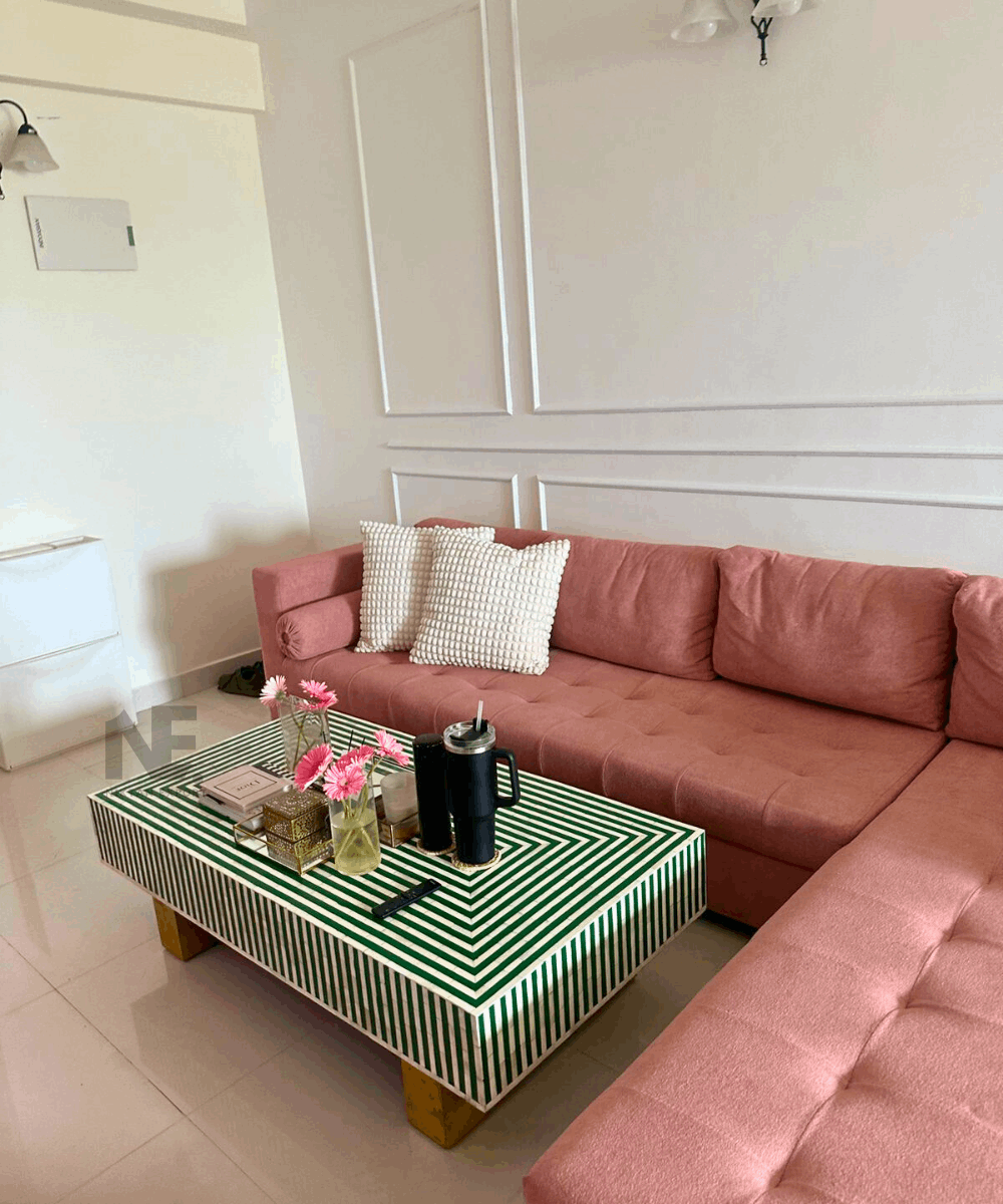 Handmade Green Bone Inlay Coffee Table – Striped Design with Brass Legs