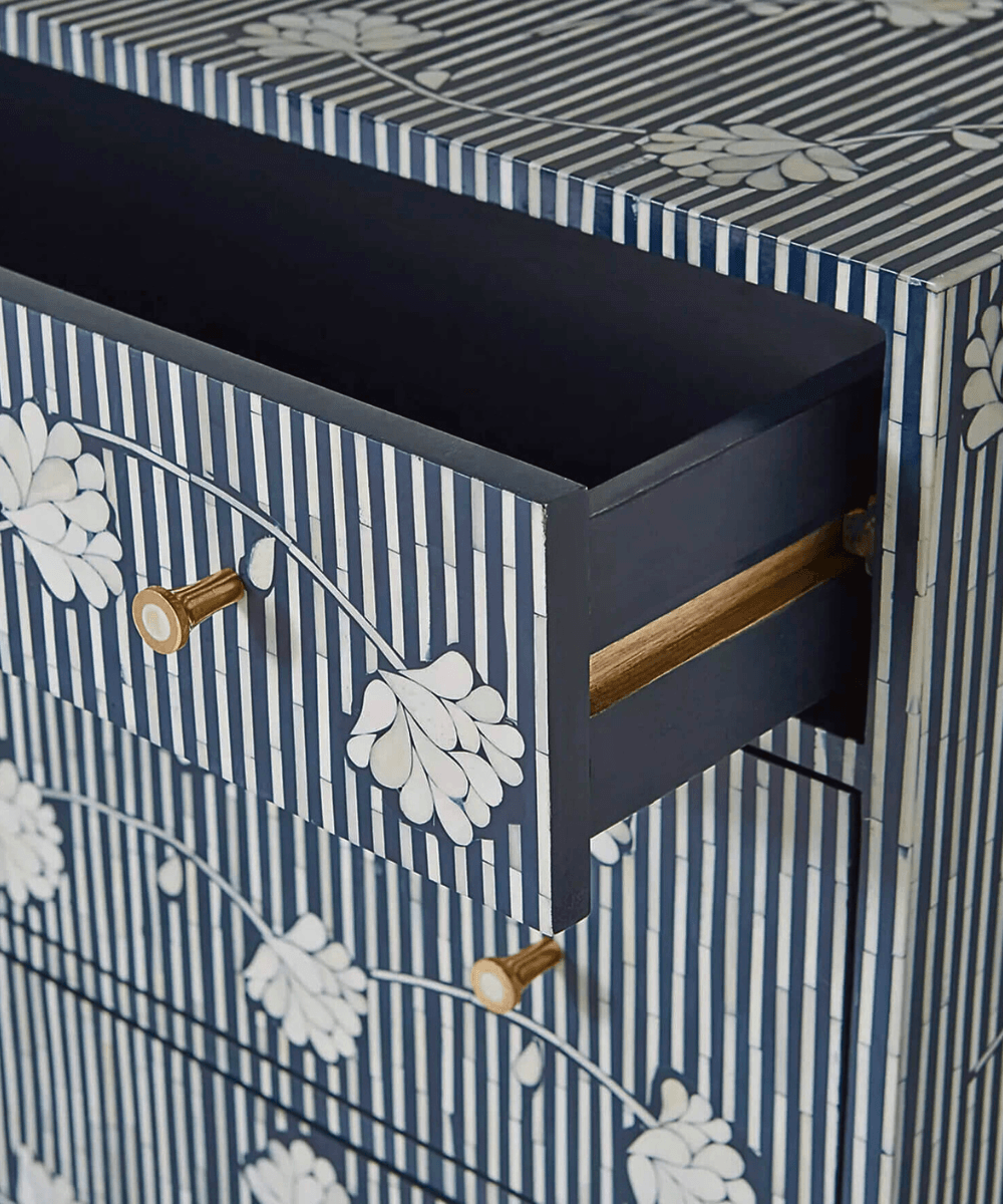 Niktan Export Bone Inlay Chest of Drawers Floral Blossom Design Indigo Finish - NikTan Export