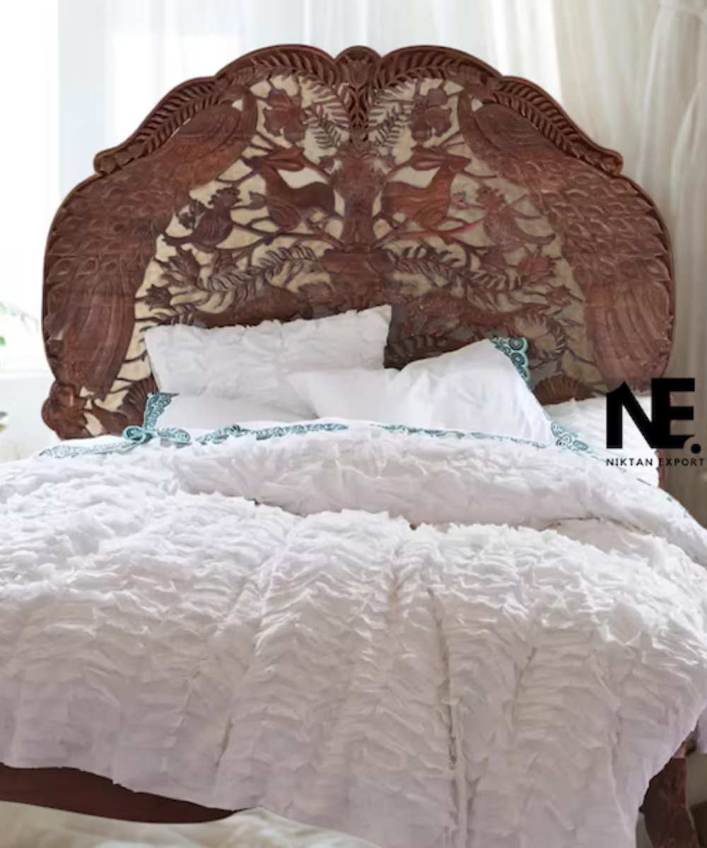 Hand-carved mango wood bed frame handmade in India