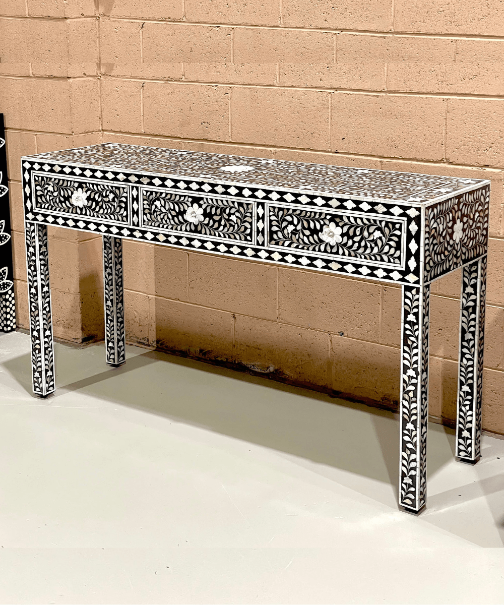 Niktan Export Mother of Pearl 3 Drawer Console Table Navy Floral - NikTan Export