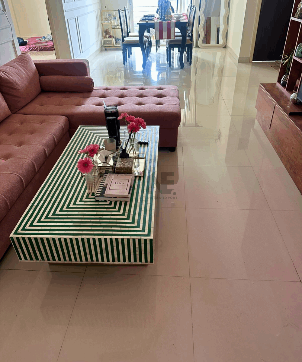 Handmade Green Bone Inlay Coffee Table – Striped Design with Brass Legs