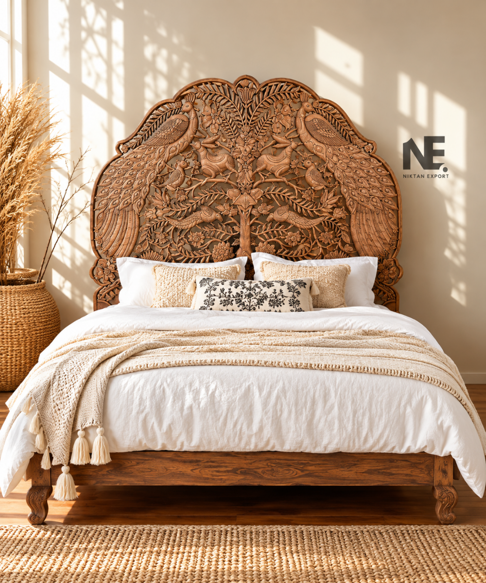 Hand-carved mango wood woodland peacock bed