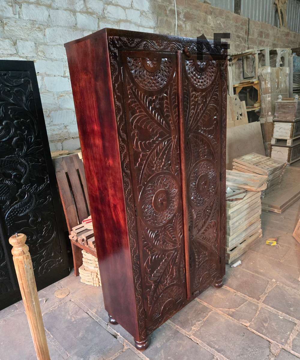 Dark reddish-brown wooden storage cabinet with black knobs