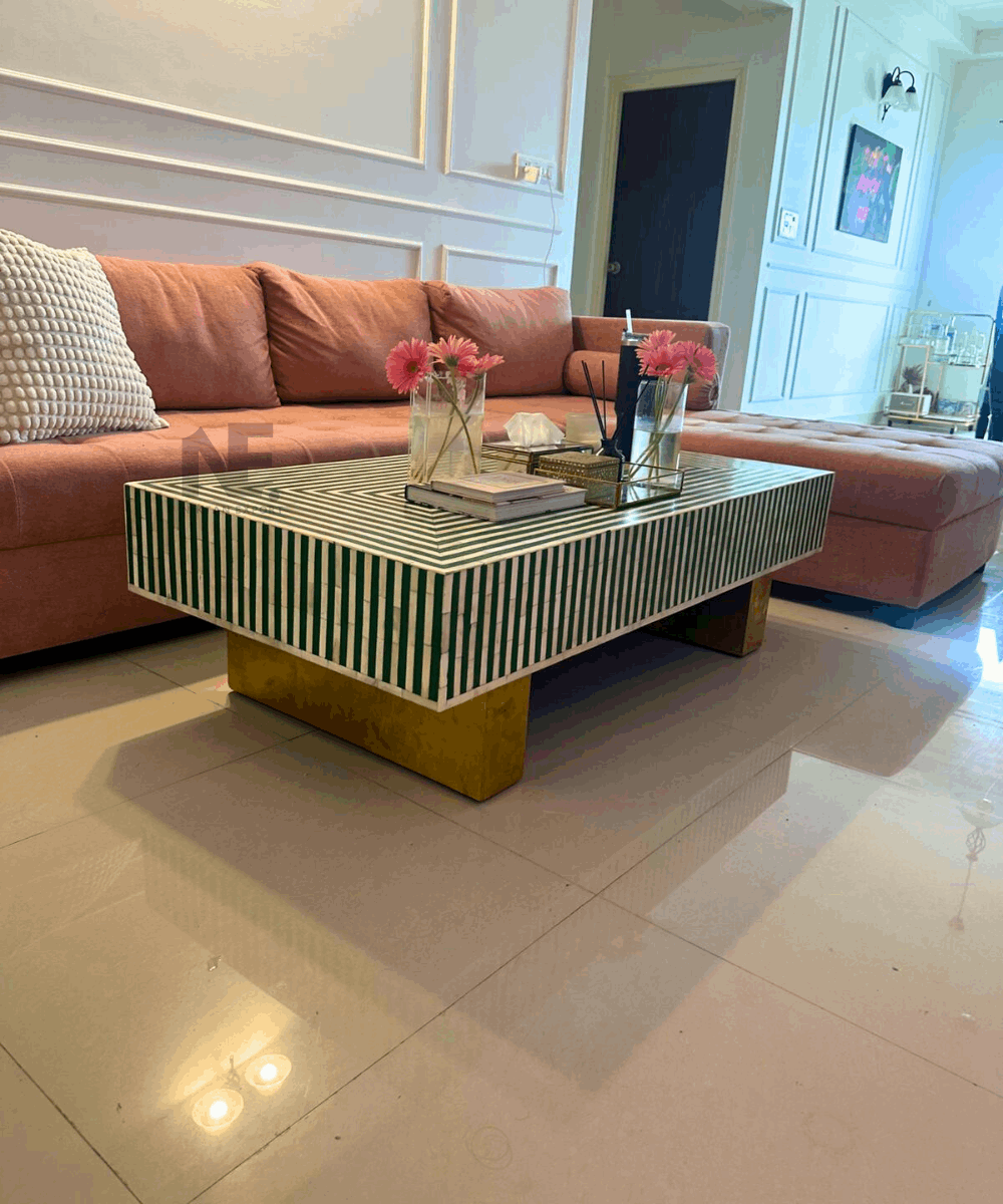 Handmade Green Bone Inlay Coffee Table – Striped Design with Brass Legs