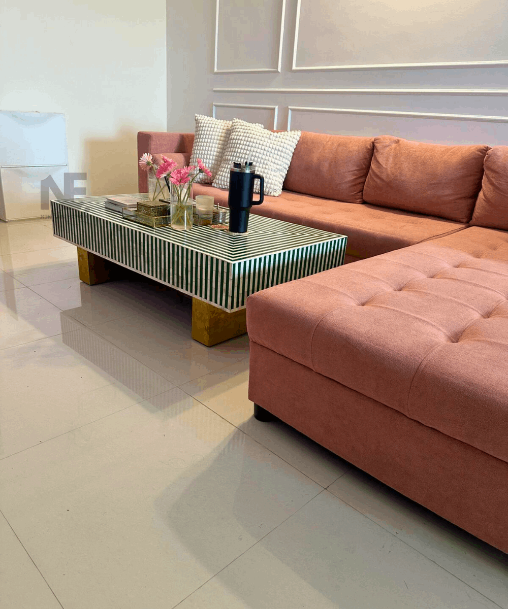 Handmade Green Bone Inlay Coffee Table – Striped Design with Brass Legs