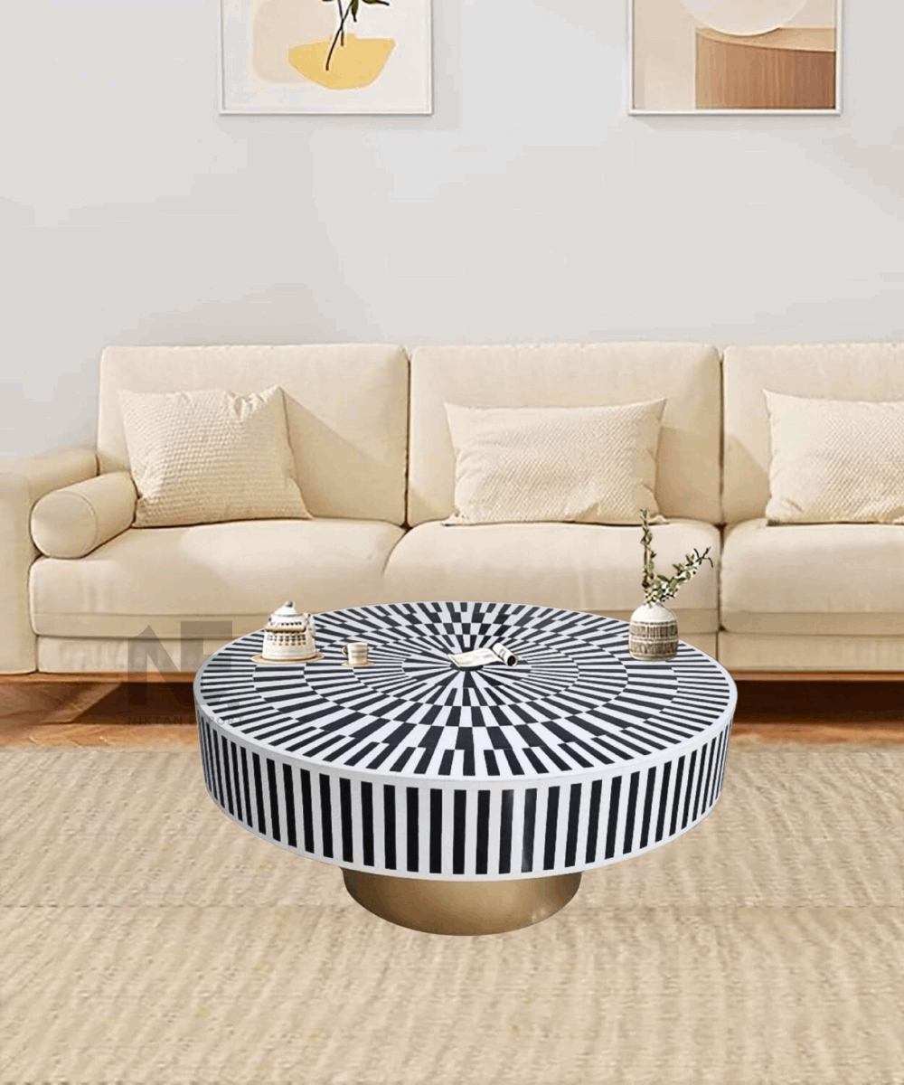 Handmade black bone inlay round coffee table – front view