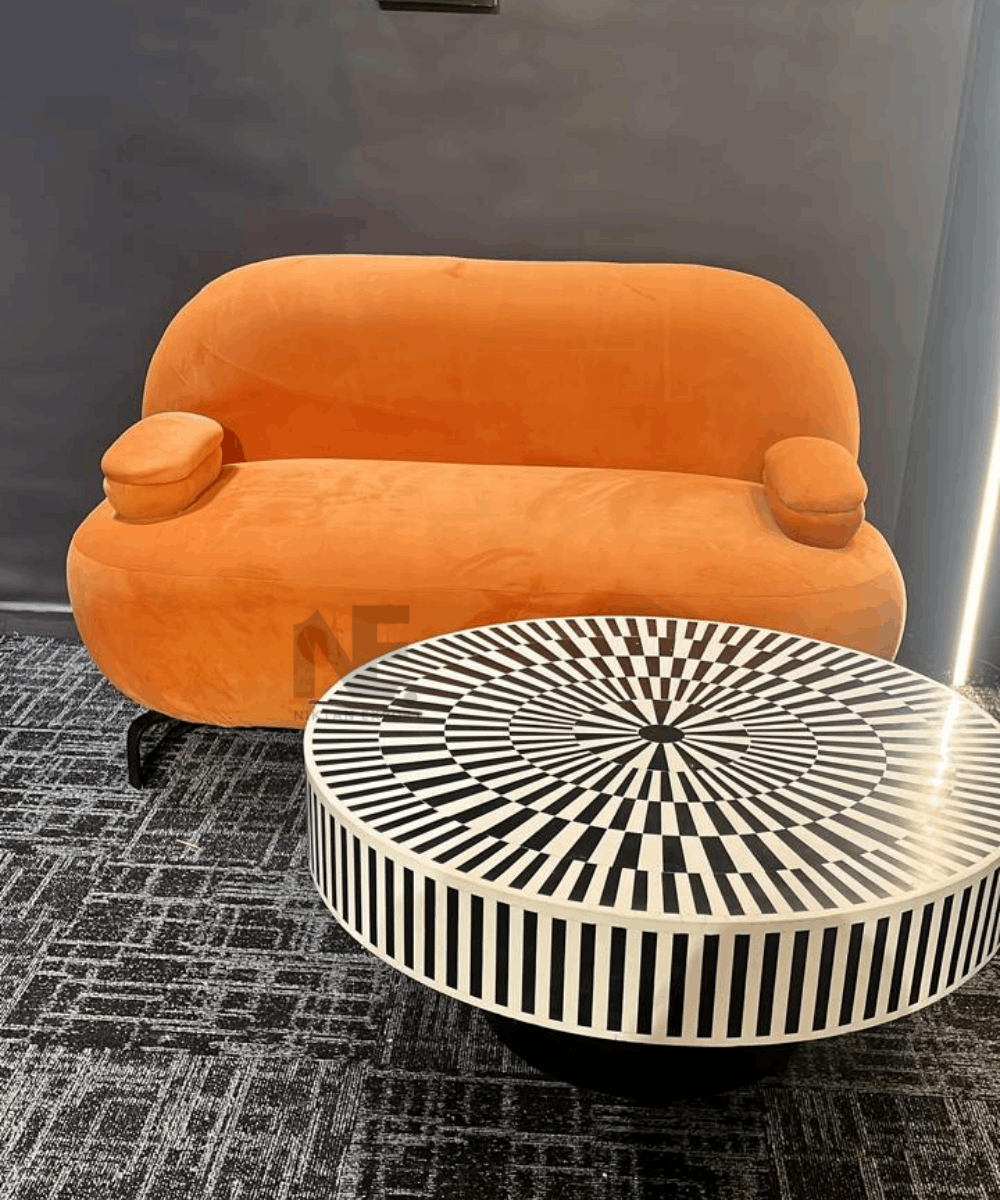 Foldable gold brass legs on round inlay coffee table