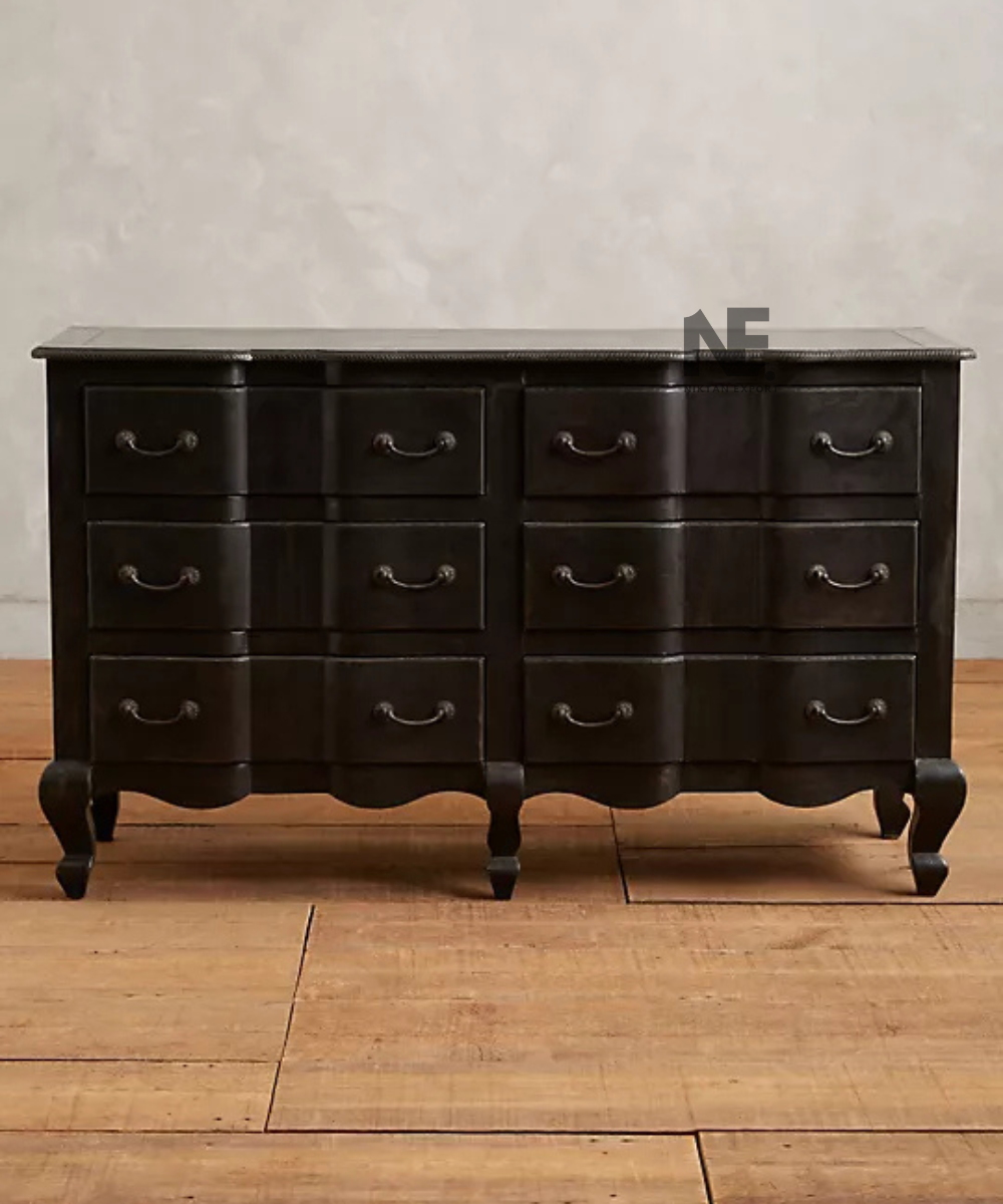 Black wooden chest of drawers with metal pull handles