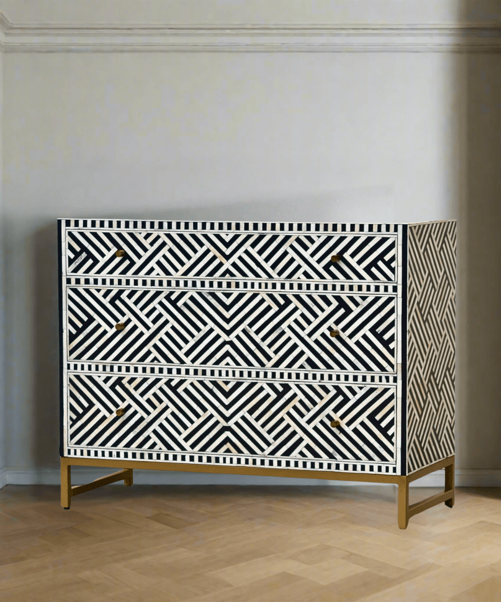 Niktan Export Bone Inlay 3 Drawers Chest of Drawers Black Optical Pattern - NikTan Export