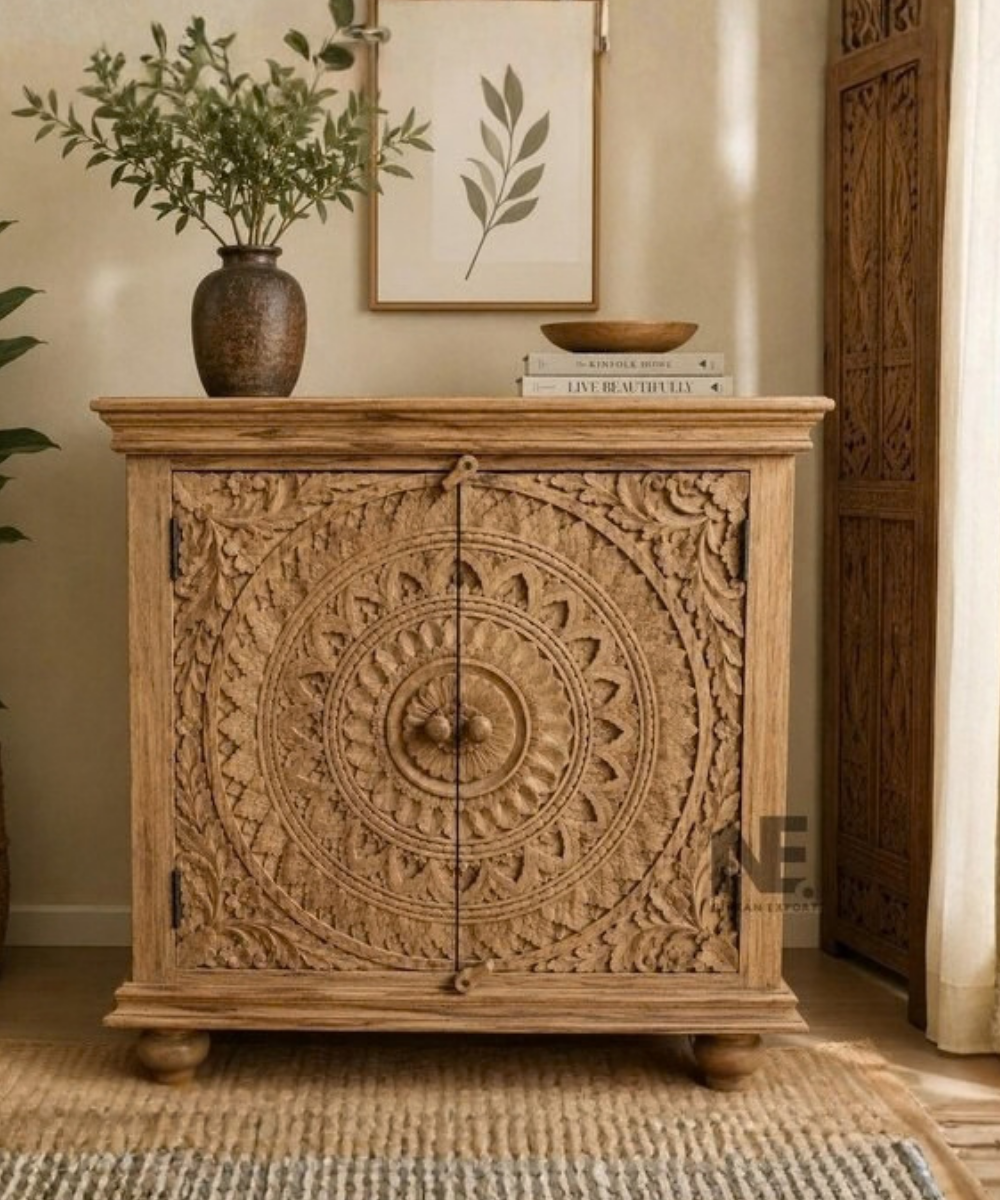 Rustic carved wooden storage furniture