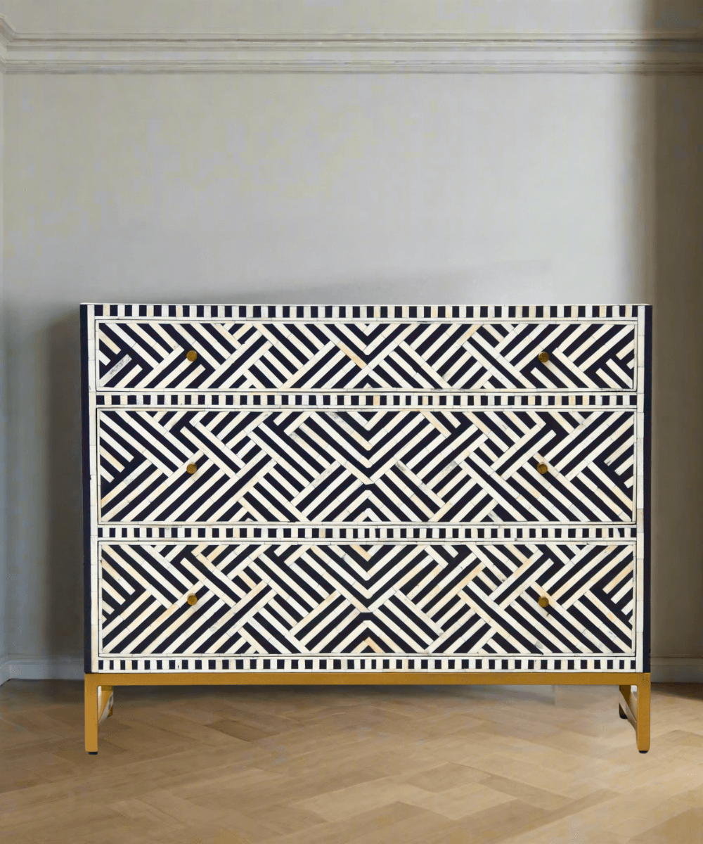 Niktan Export Bone Inlay 3 Drawers Chest of Drawers Black Optical Pattern - NikTan Export