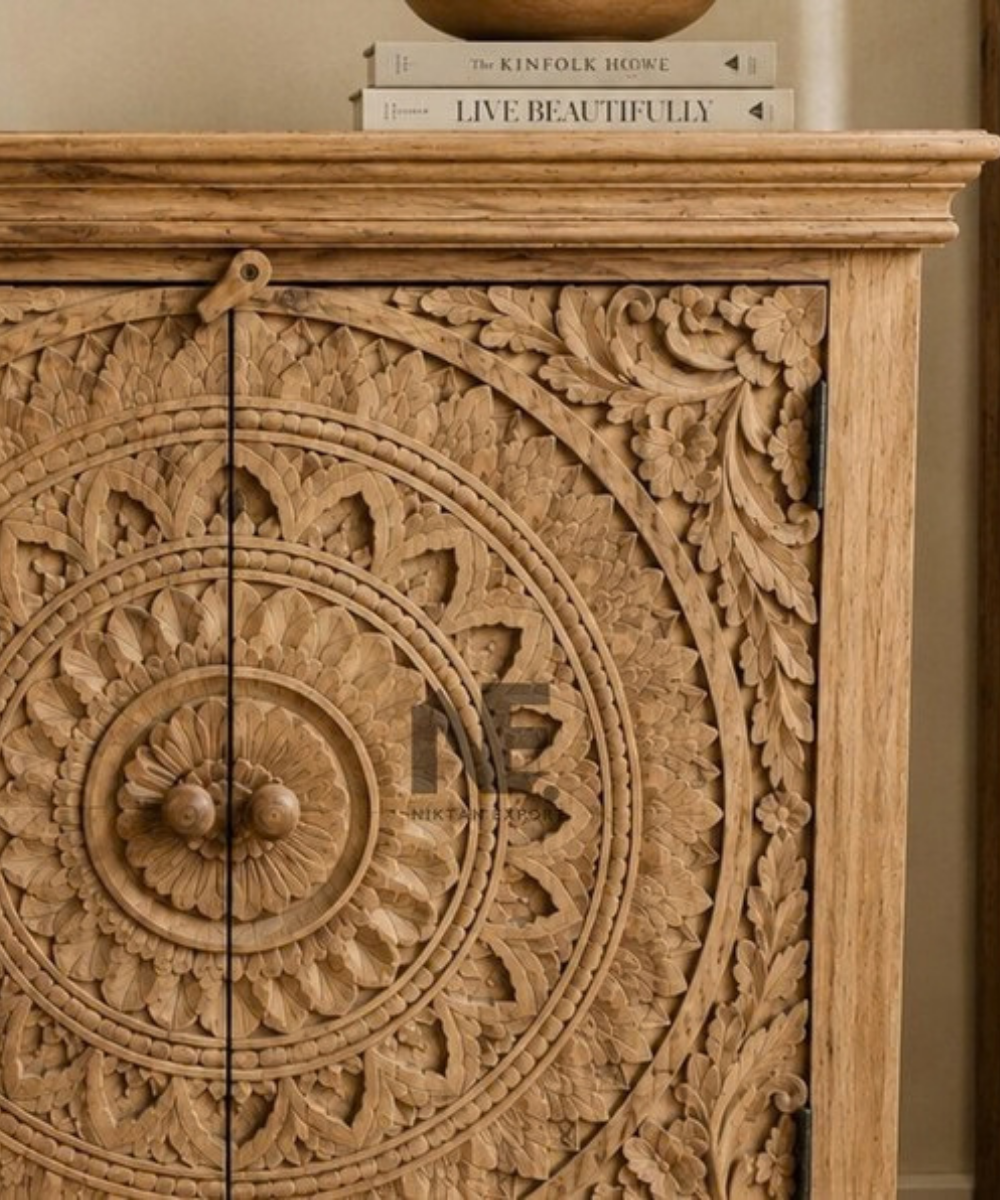 Rustic hand-carved wooden storage cabinet