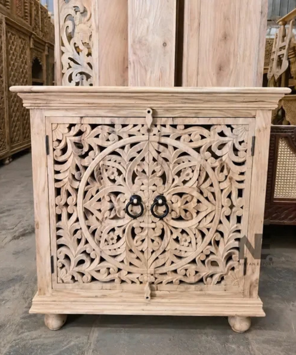 Hand-carved solid wood cabinet handmade in India