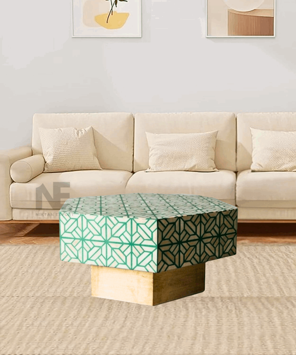 Handmade green bone inlay hexagon coffee table – full view