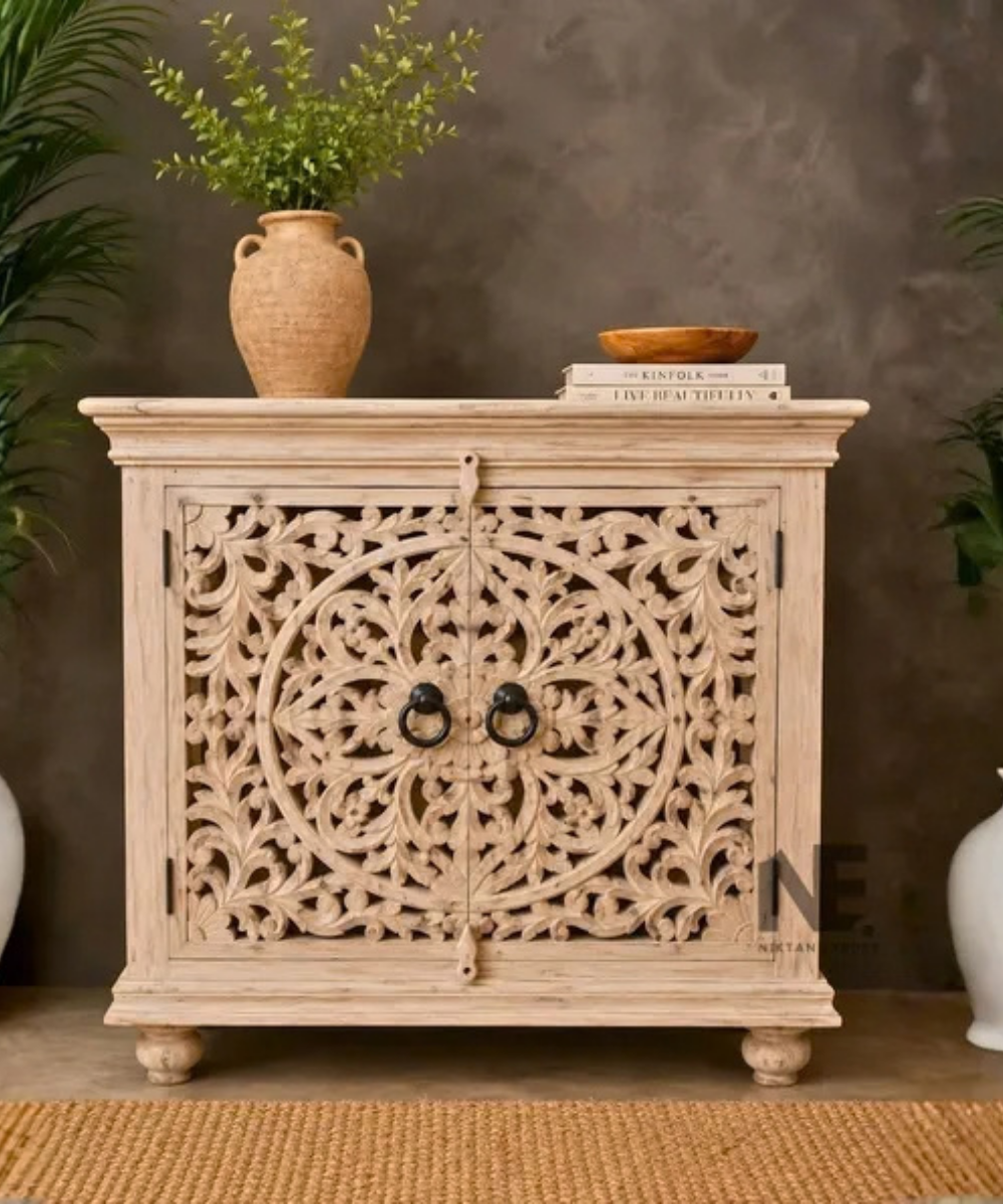 Rustic Indian carved wooden cabinet