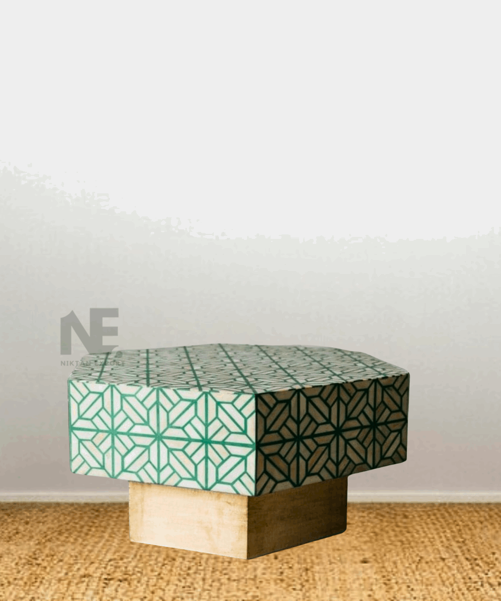 Green bone inlay accent table in living room