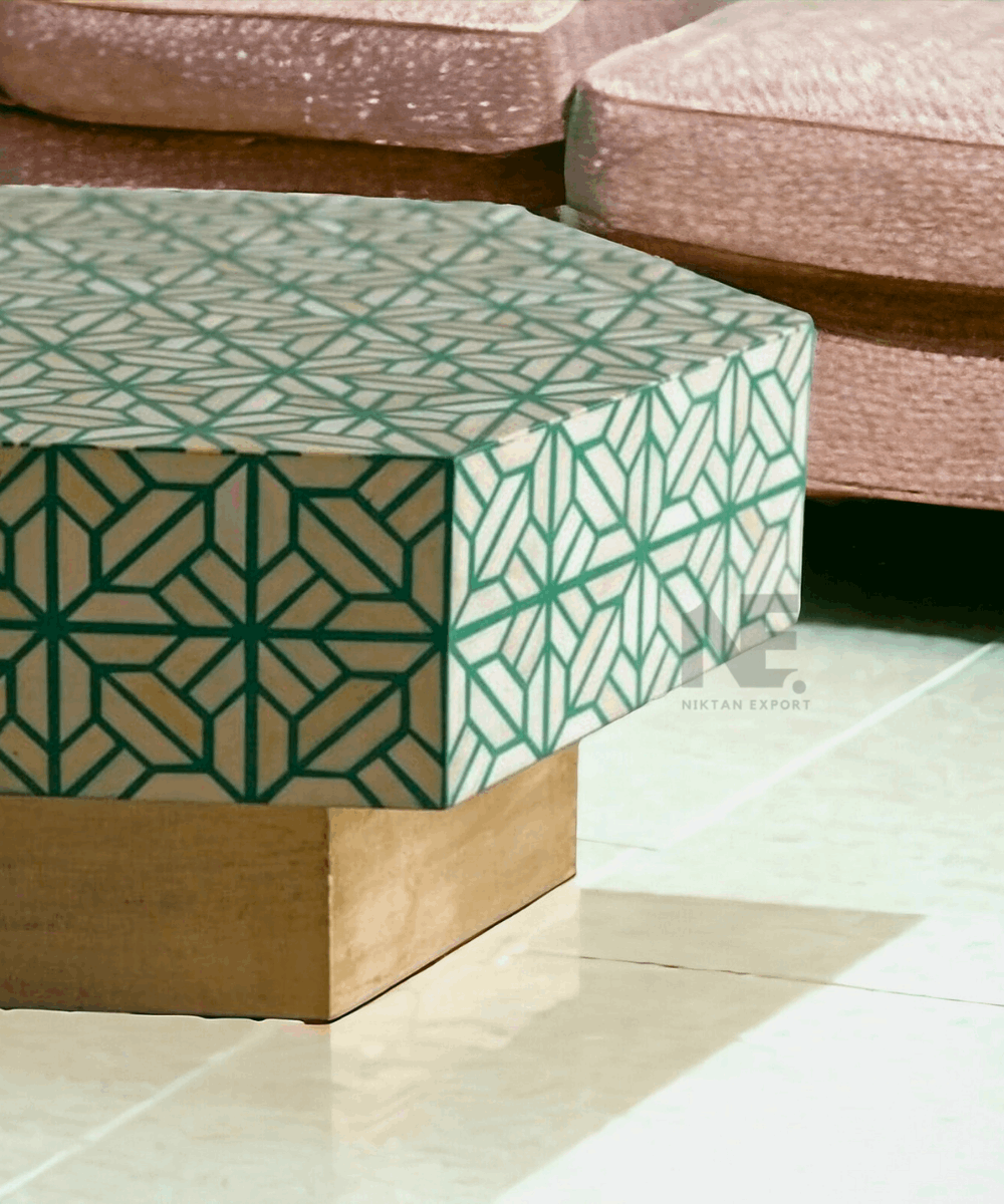 Close-up of green and white bone inlay floral pattern