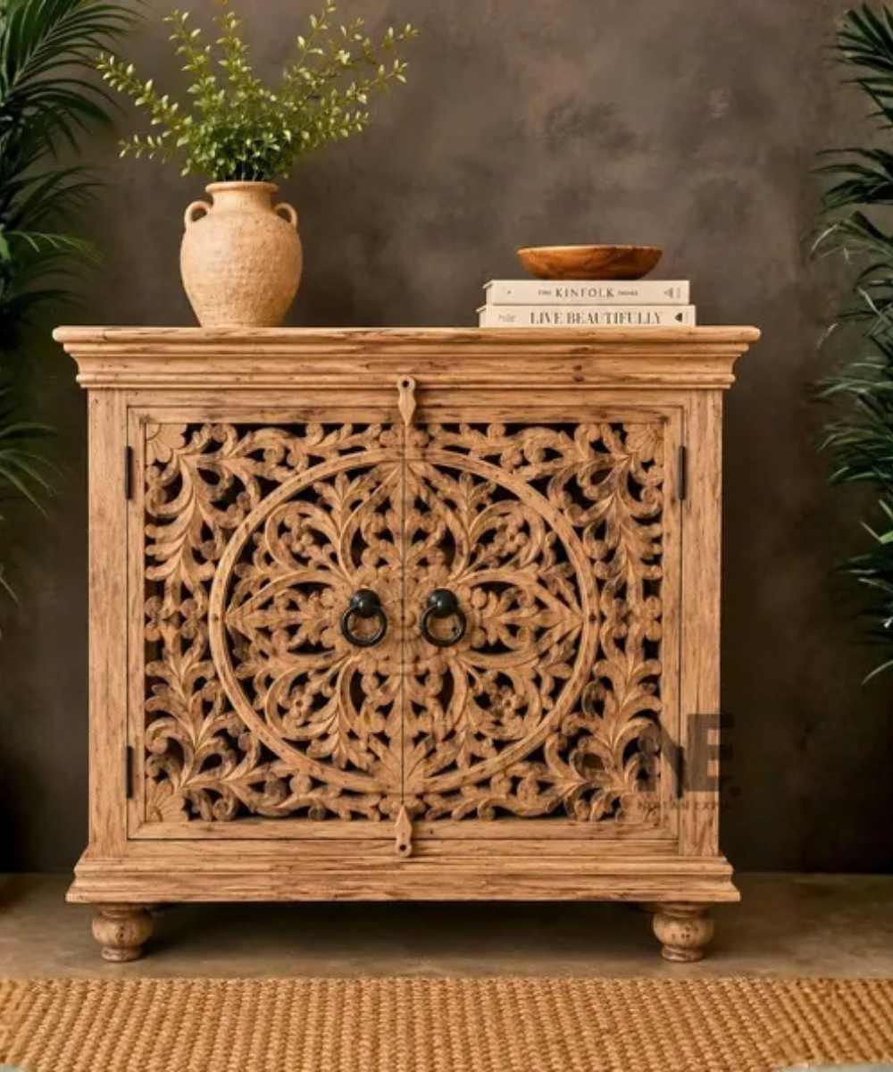 Handmade carved wood storage cabinet