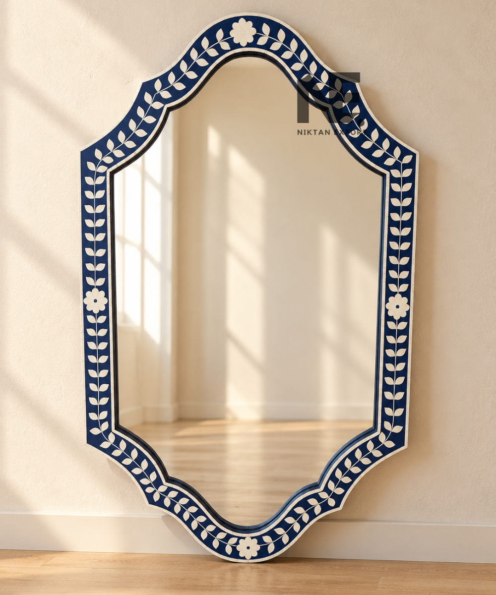 Navy blue and ivory floral inlay decorative wall mirror