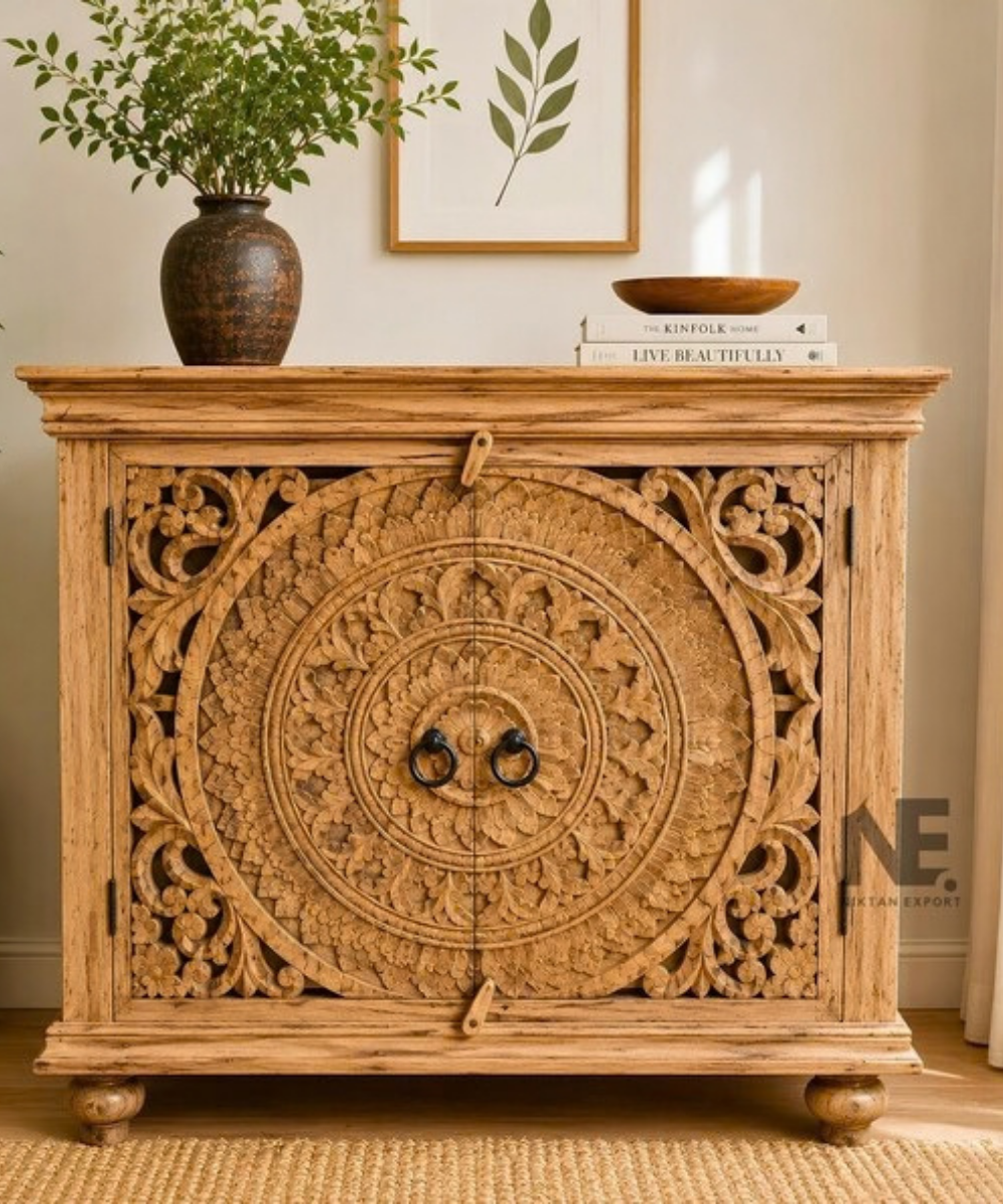 Front view of hand-carved solid wood cabinet