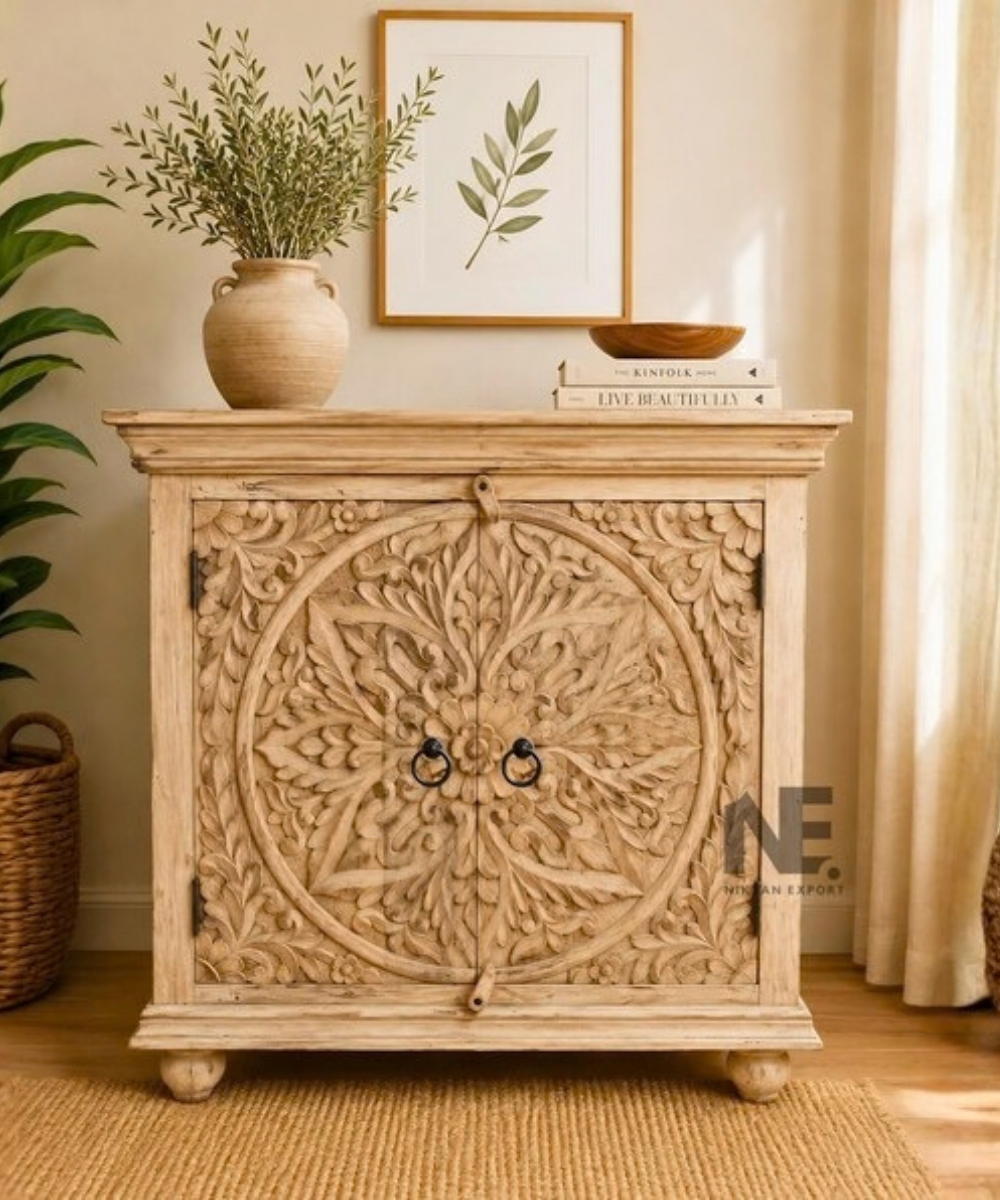 Detailed carving on rustic wooden cabinet