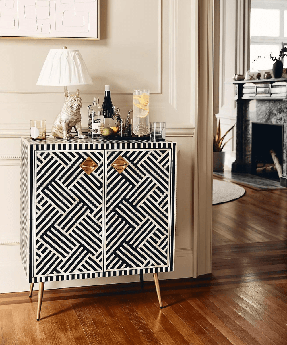 Niktan Export Bone Inlay Cabinet Black Chevron Entryway - NikTan Export