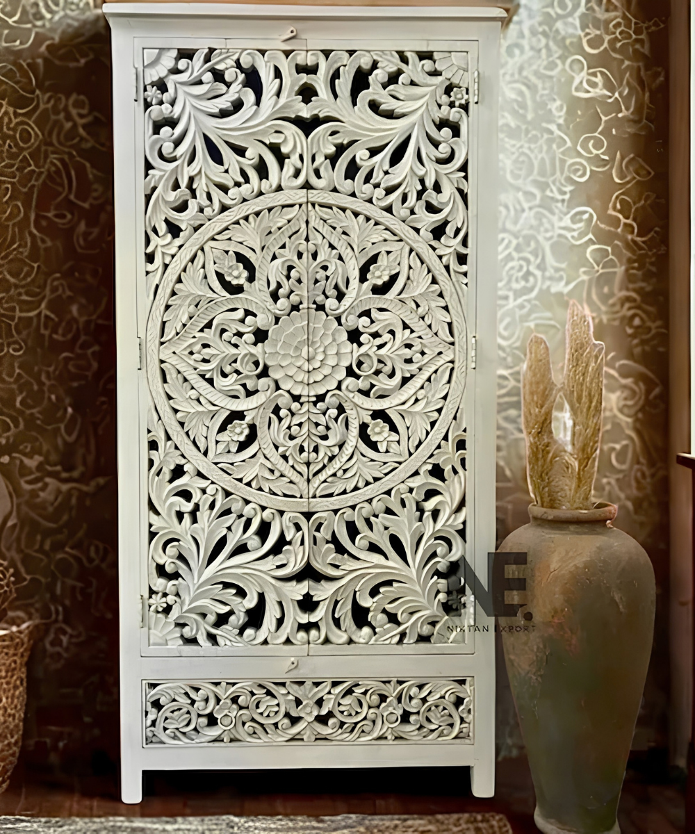 Hand-carved mango wood whitewashed floral armoire