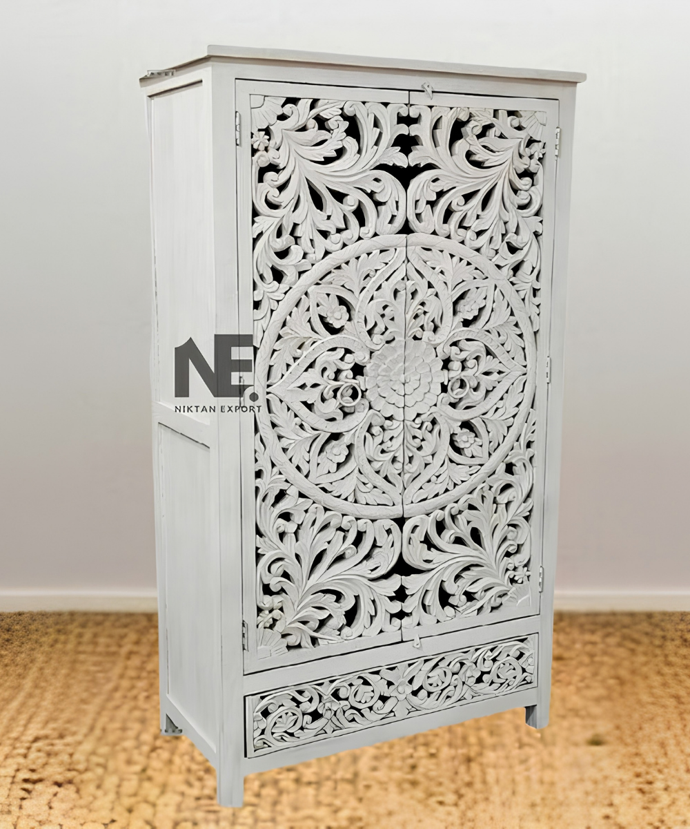 Whitewashed hand-carved mango wood wardrobe