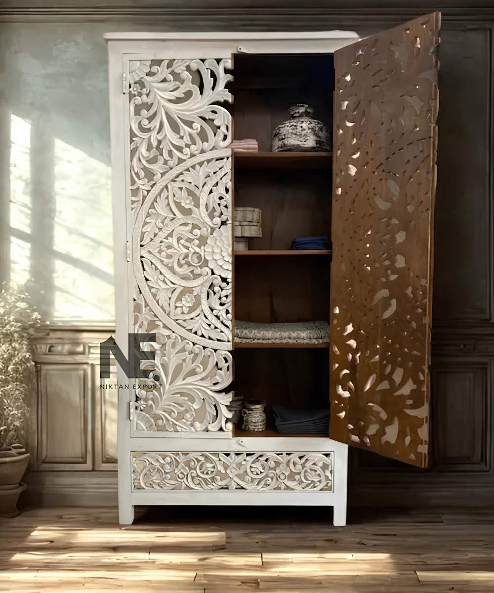 Floral fretwork mango wood armoire handmade in India