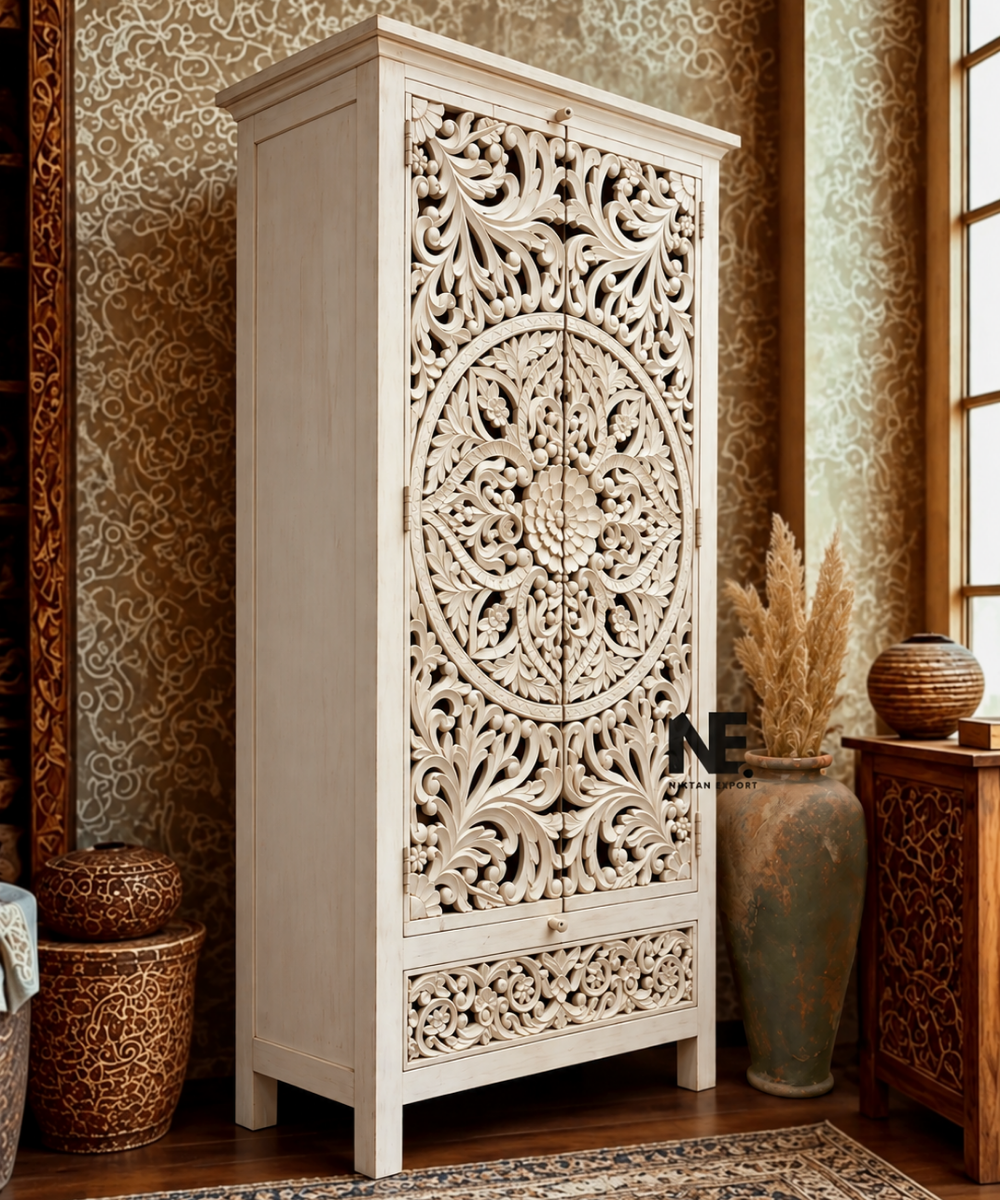 Hand-carved floral wooden wardrobe with whitewashed finish