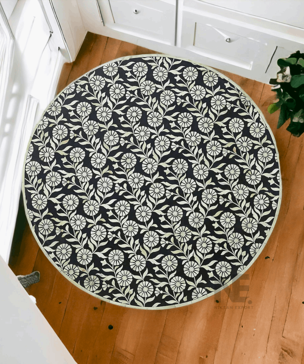 Close-up of intricate floral bone inlay pattern
Top-down view showcasing symmetrical floral design