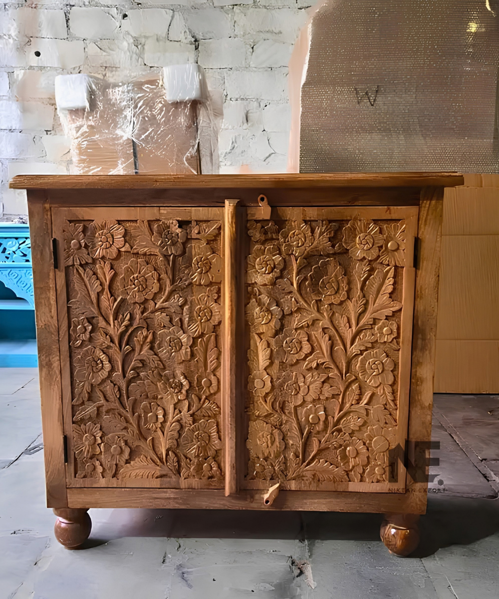 Hand-carved solid wood floral cabinet