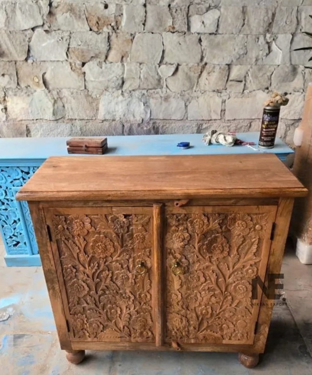 Hand-carved floral wooden storage cabinet