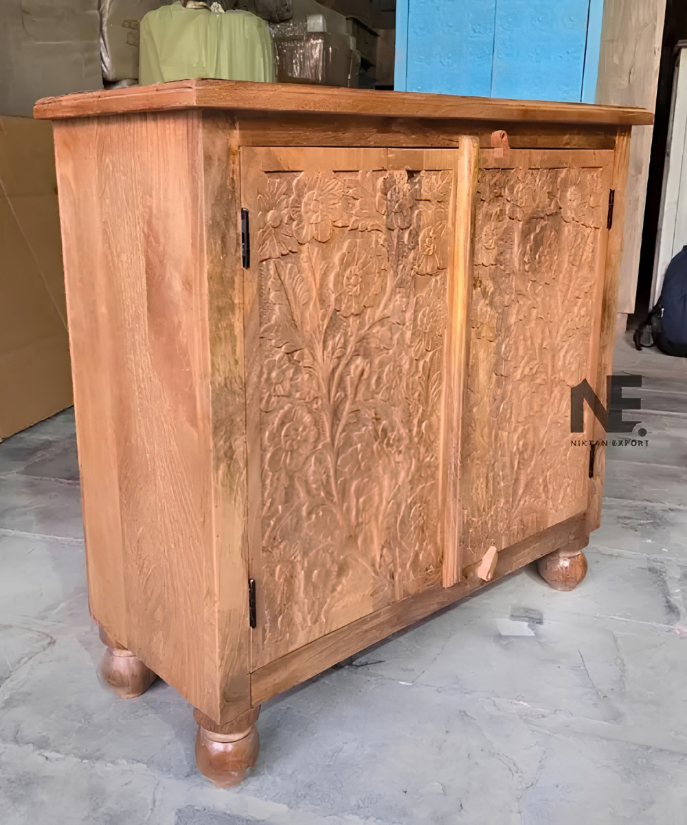 Solid wood floral cabinet with carved doors