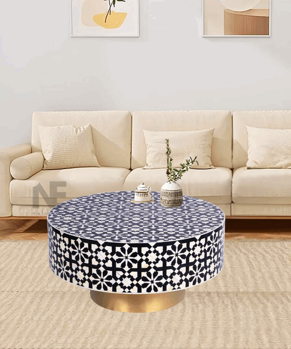 Black and white bone inlay round coffee table – front view