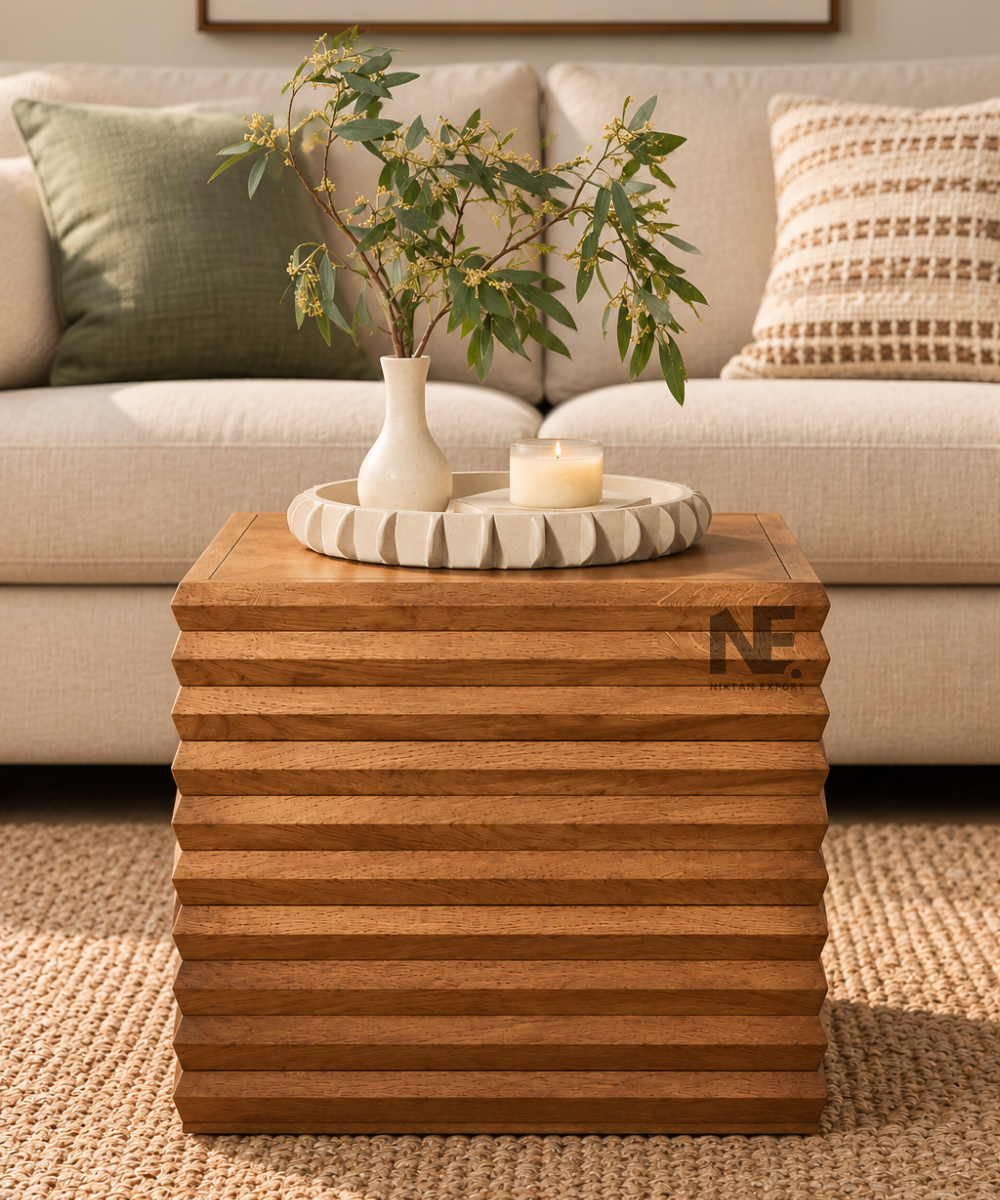 Rustic wooden coffee table with sculptural layered design
