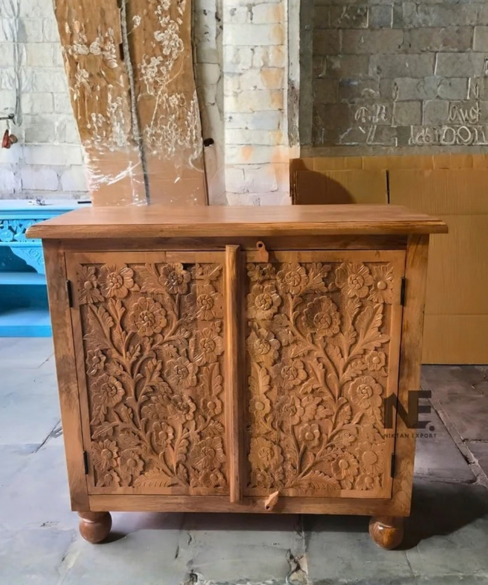 Hand-carved solid wood cabinet handmade in India