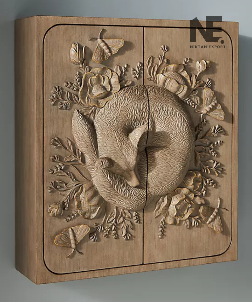 Close-up of sculpted fox on a wooden wall cabinet