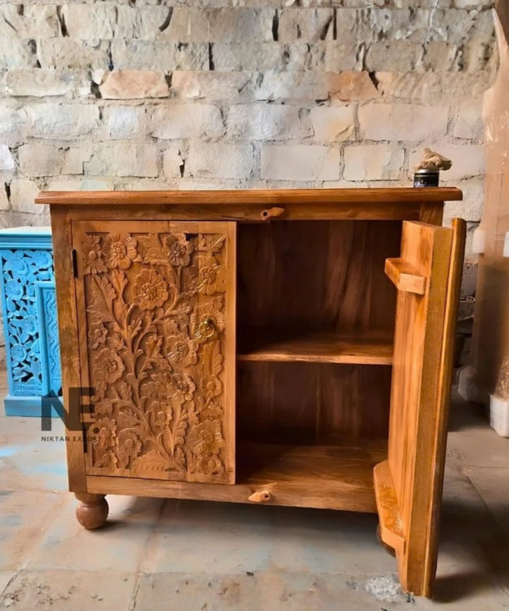Floral carved double-door wooden cabinet